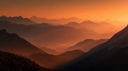 Obraz premium Warm orange light enveloping the Austrian Alps at sunset, creating a breathtaking scene of majestic peaks and tranquil valleys