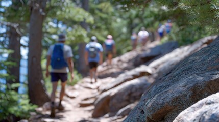 Obraz premium A group of friends hiking on a forest trail in nature