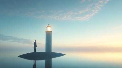 Figure near lighthouse over calm water