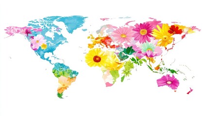 Obraz premium Colorful floral world map illustration featuring a vibrant watercolor design with various flower species representing different continents against white background