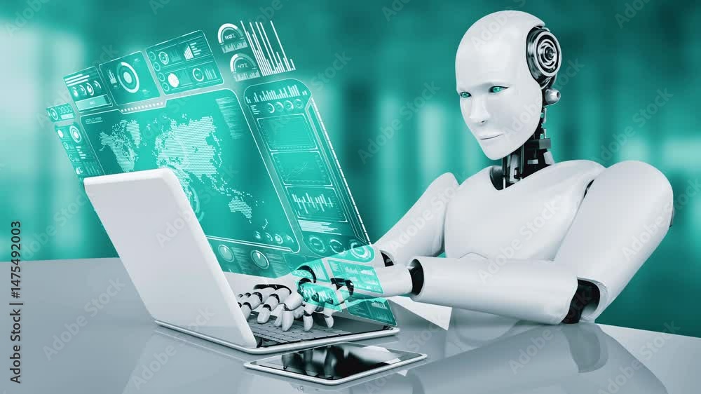 Poster robot hominoid use laptop and sit at table for big data analytic using ai thinking brain , artificia
