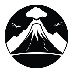 Volcano mountain landscape with birds shown inside a circle creates a tranquil scene