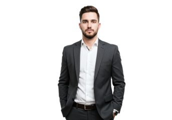 Confident businessman standing with hands in pockets on a plain white background.

