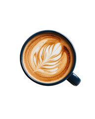 blue cup of coffee with cappuccino from above on transparent background