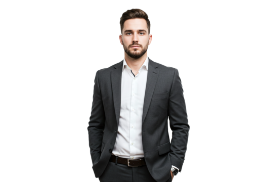 Confident businessman standing with hands in pockets on a plain white background.

