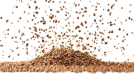 Falling coriander seeds and a pile of coriander seeds