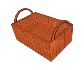 3D basket, rectangular shape, with round handles, wicker texture, volumetric color pattern, on a transparent background
