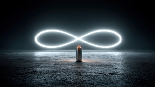Minimal futuristic concept of a glowing battery symbolizing infinite energy loop with neon infinity symbol above, ideal for tech branding and clean energy visuals