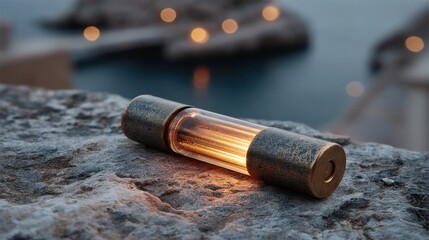 Close-up of a glowing cylindrical nuclear energy capsule on a stone surface at dusk symbolizing safe mini-reactor power for extreme environments and off-grid usage