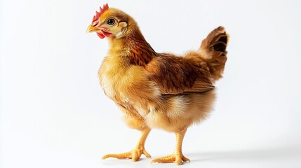 Fototapeta premium A lively young brown hen stands tall, each feather glowing under morning light, with intricate patterns visible. The crisp white backdrop highlights its natural tones and bright beak.