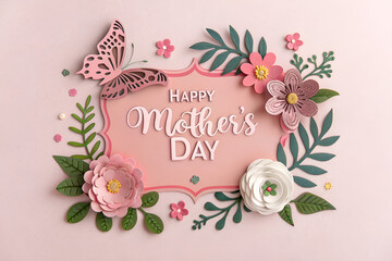 Happy Mother's Day with craft paper cut Flowers, Leaves and Butterflies on Pink Background 