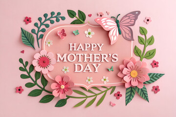 Happy Mother's Day with craft paper cut Flowers, Leaves and Butterflies on Pink Background 