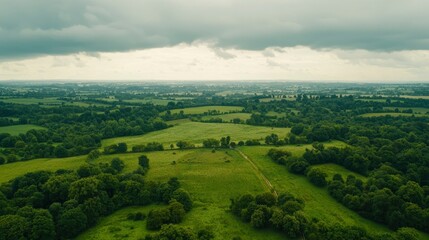 Fototapeta premium Panoramic view of lush green fields and forests under a cloudy sky
