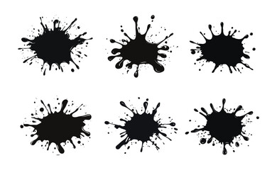 Black ink splatter isolated on white background. Abstract grunge paint splash, messy ink blot, dripping liquid texture, artistic splatter element for design, vector illustration high resolution.