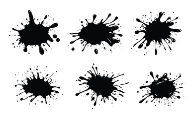 Black ink splatter isolated on white background. Abstract grunge paint splash, messy ink blot, dripping liquid texture, artistic splatter element for design, vector illustration high resolution.