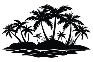Black silhouette shows a tropical island with palm trees and calm water
