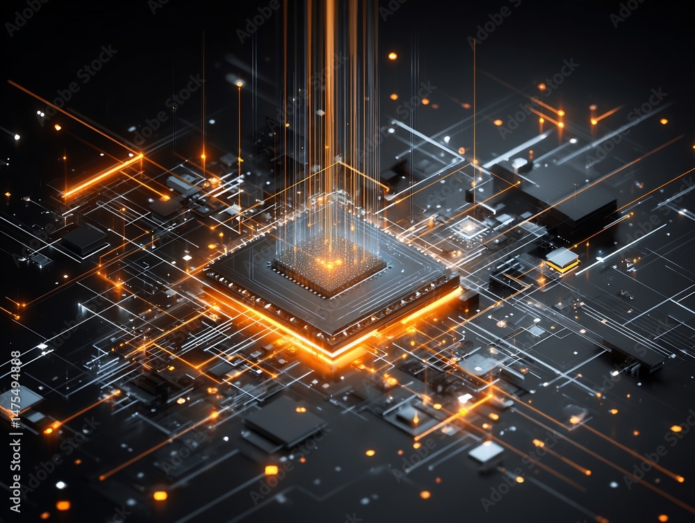 Poster futuristic processor with luminous circuits depicting artificial intelligence