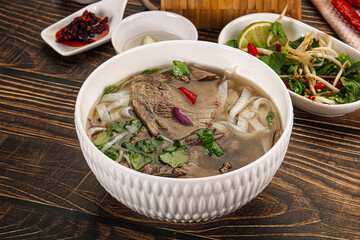 Vietnamese Pho Bo soup with beef and noodles
