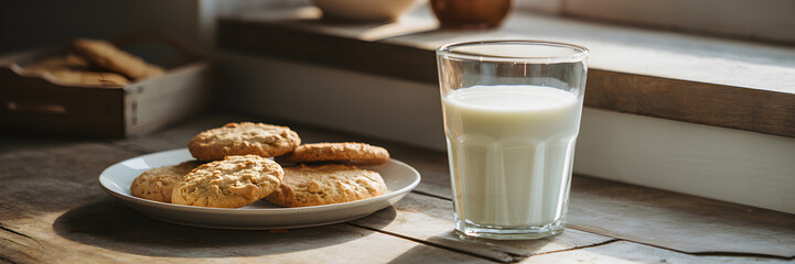 Warm Rustic Photo of Freshly Baked Cookies and Milk on Wooden Table with Morning Light