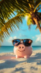Piggy Bank Relaxing on Summer Beach Vacation