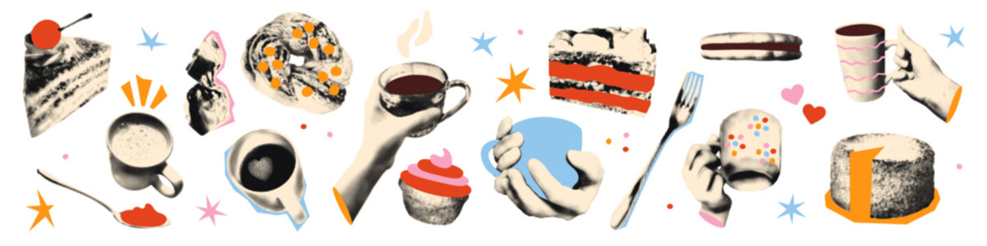 Naklejki Trendy halftone collage cutout elements set. Hands holding cups and mugs of hot coffee or tea or cocoa with dessert and sweets. Modern retro vector illustration isolated on transparent background