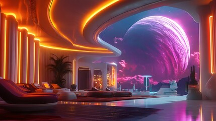 Futuristic Lounge with Scenic View: A stunning, modern lounge featuring ambient neon lighting and a breathtaking view of a purple planet, evoking a sense of wonder and futuristic luxury.