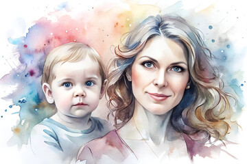 Watercolor illustration of loving mother and her child