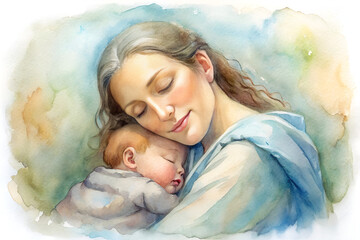 Watercolor painting of loving mother happily hugs her sleeping baby 