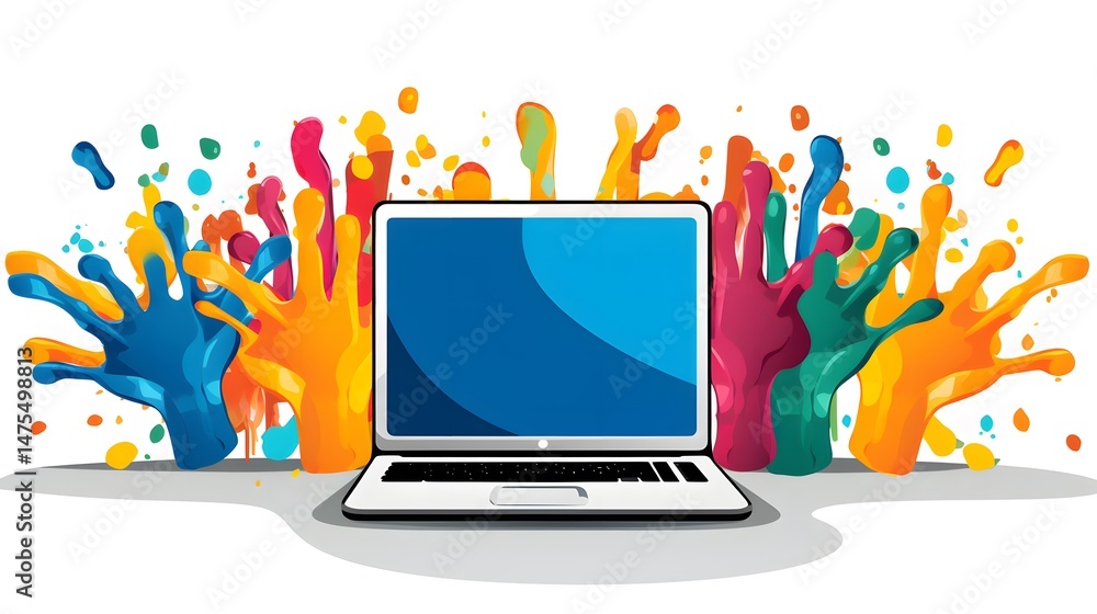 Wall mural modern technology concept with colorful hands using computer screen and keyboard