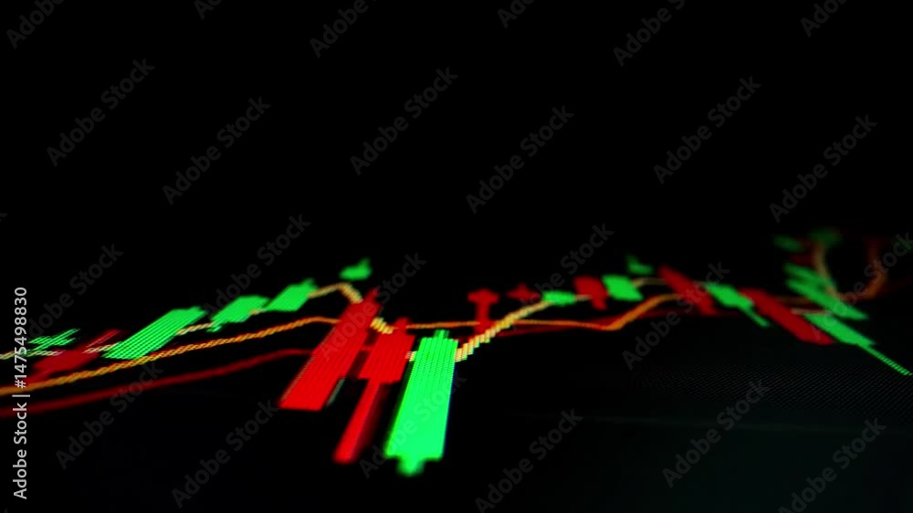 Poster closeup macro shot movement of stock graph displayed on led screen showing growth chart as economic 