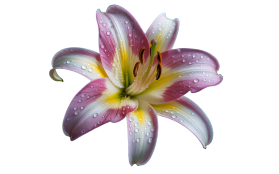 Close-Up of Dewy Pink and White Lily Flower Against Pure White Background