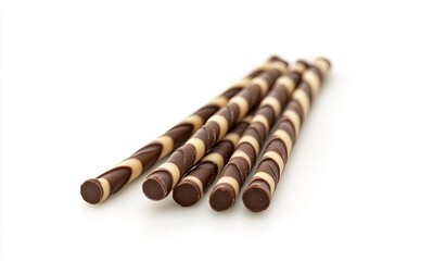 Five chocolate-covered wafer sticks, spiraled with alternating dark and light chocolate, displayed against a white backdrop