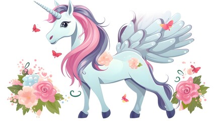Enchanting Cartoon of a Cute Unicorn with Wings, Horn, and Flowers