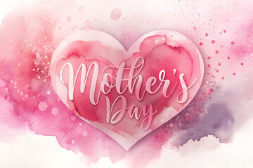 Watercolor illustration of Happy Mother's Day lettering Pink Heart Design