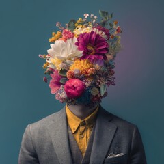 A colorful floral portrait of a man in a suit.