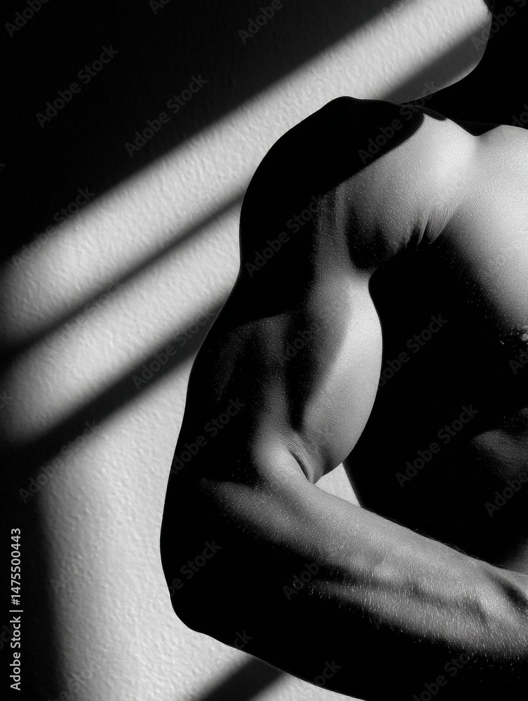 Aufkleber focus on arm strength and muscle definition with striking shadows illuminating the contours in a wel