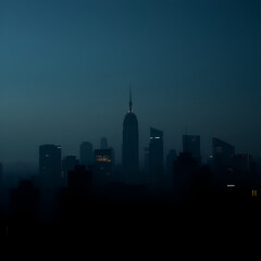 Fototapeta premium City skyline silhouette at night with soft atmospheric haze and faint outlines of skyscrapers