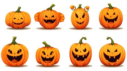 Collection of Nine Funny Orange Pumpkins for Halloween Decorations and Crafts