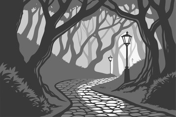Naklejka premium 2 dark alleyway with lanterns, cobblestone path, trees overhead, moody atmosphere, dramatic lighting, fantasy-like environment, cinematic style, digital painting, concept art