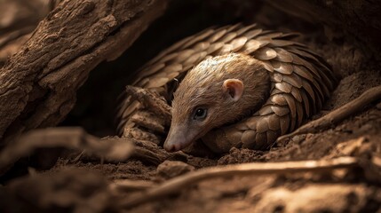Obraz premium Vulnerable Pangolin Curled Up in Self Defense in Natural Habitat