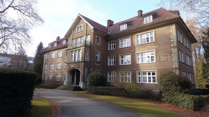 A large brick building with many windows and dormers surrounded by greenery