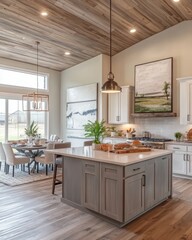 Fototapeta premium Spacious kitchen and dining area with wood accents.