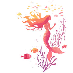 2D flat Mermaid Underwater vector illustration, isolated on a white background.