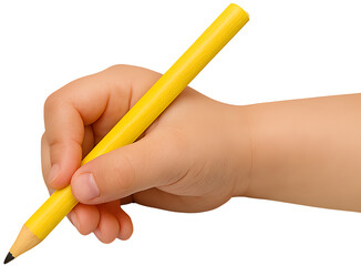 Child’s Hand Holding Yellow Colored Pencil Isolated on Transparent Background