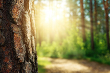 Obraz premium Autumn forest scene with a large tree, golden sunbeams, long shadows, cool foliage, rough bark, fallen leaves path, warm light, sunrise sunset - AI-Generated