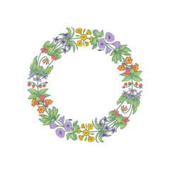 Hand drawn line art canary islands flowers wreath. Card template with cute floral frame. Botanical vector illustration isolated on white.