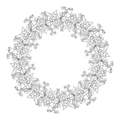 Hand drawn black and white line art canary islands flowers tenerife nightshade wreath. Card template with cute monochrome floral frame. Botanical vector illustration isolated on white.