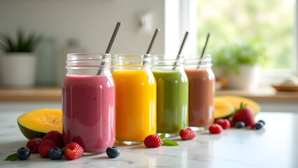 Smoothie in glass jar with strawberries, blueberries, orange and kiwi on the kitchen table.