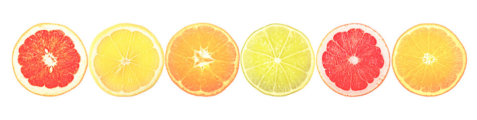 Sliced citrus fruits with light reflection isolated on white