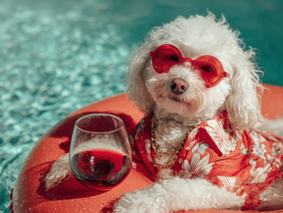 Small white curly-furred dog in vibrant floral swimsuit, sunglasses, rests paw on red wine glass Outdoor setting with blue sky, water, and orange inner tube Cheerful, whimsical style, - AI-Generated